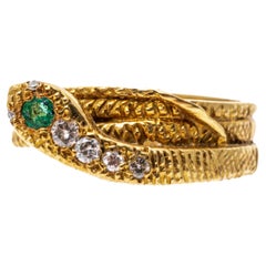 Vintage 18k Yellow Gold Emerald And Diamond Triple Coiled Serpent Ring