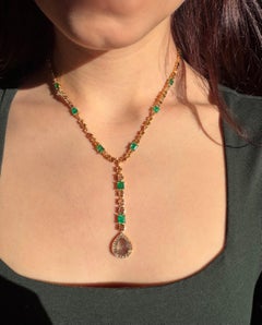 18k Yellow Gold Emerald, and Multicolor Diamond Y Drop Necklace