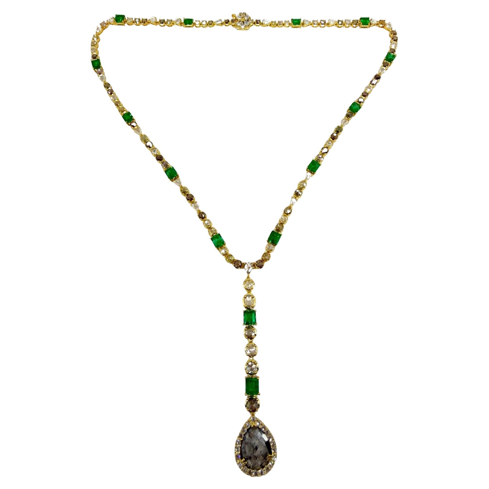18k Yellow Gold Emerald, and Multicolor Diamond Y Drop Necklace