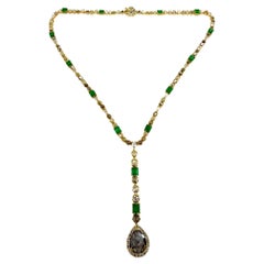 18k Yellow Gold Emerald, and Multicolor Diamond Y Drop Necklace