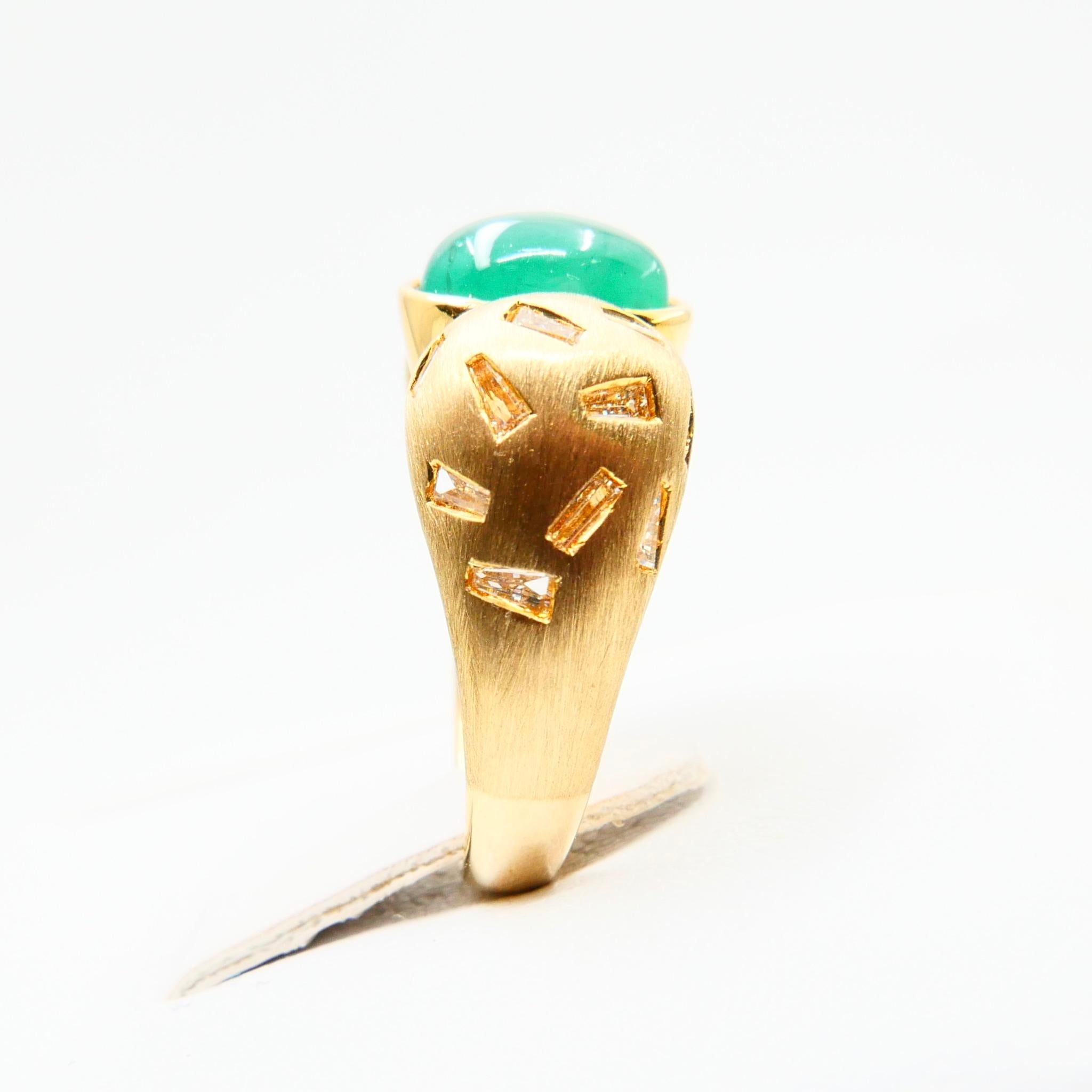 18 Karat Yellow Gold Emerald and Tapered Baguette Diamond Cocktail Ring For Sale 4