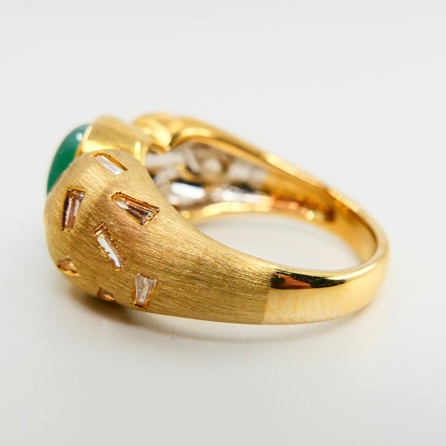 Contemporary 18 Karat Yellow Gold Emerald and Tapered Baguette Diamond Cocktail Ring For Sale