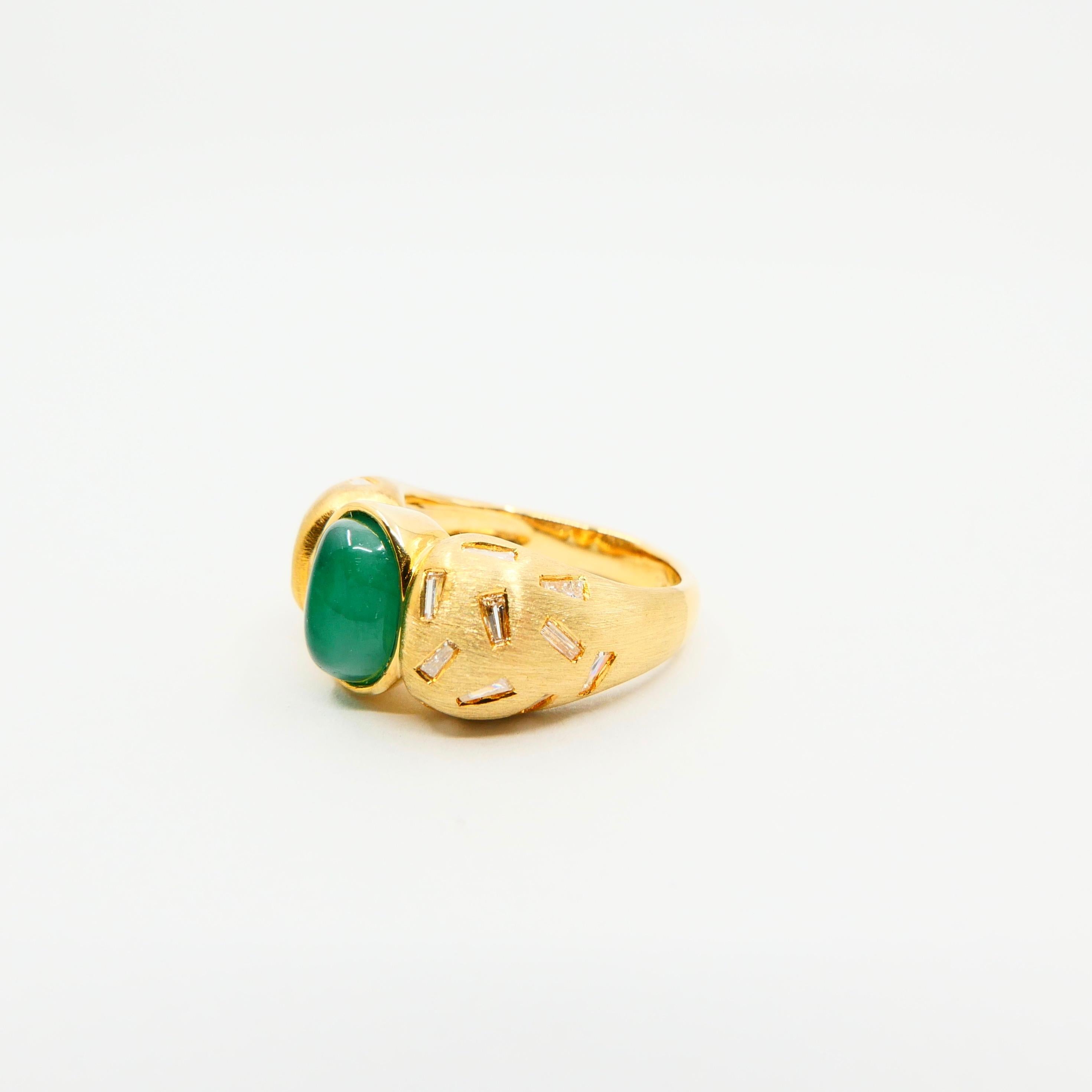 Oval Cut 18 Karat Yellow Gold Emerald and Tapered Baguette Diamond Cocktail Ring For Sale