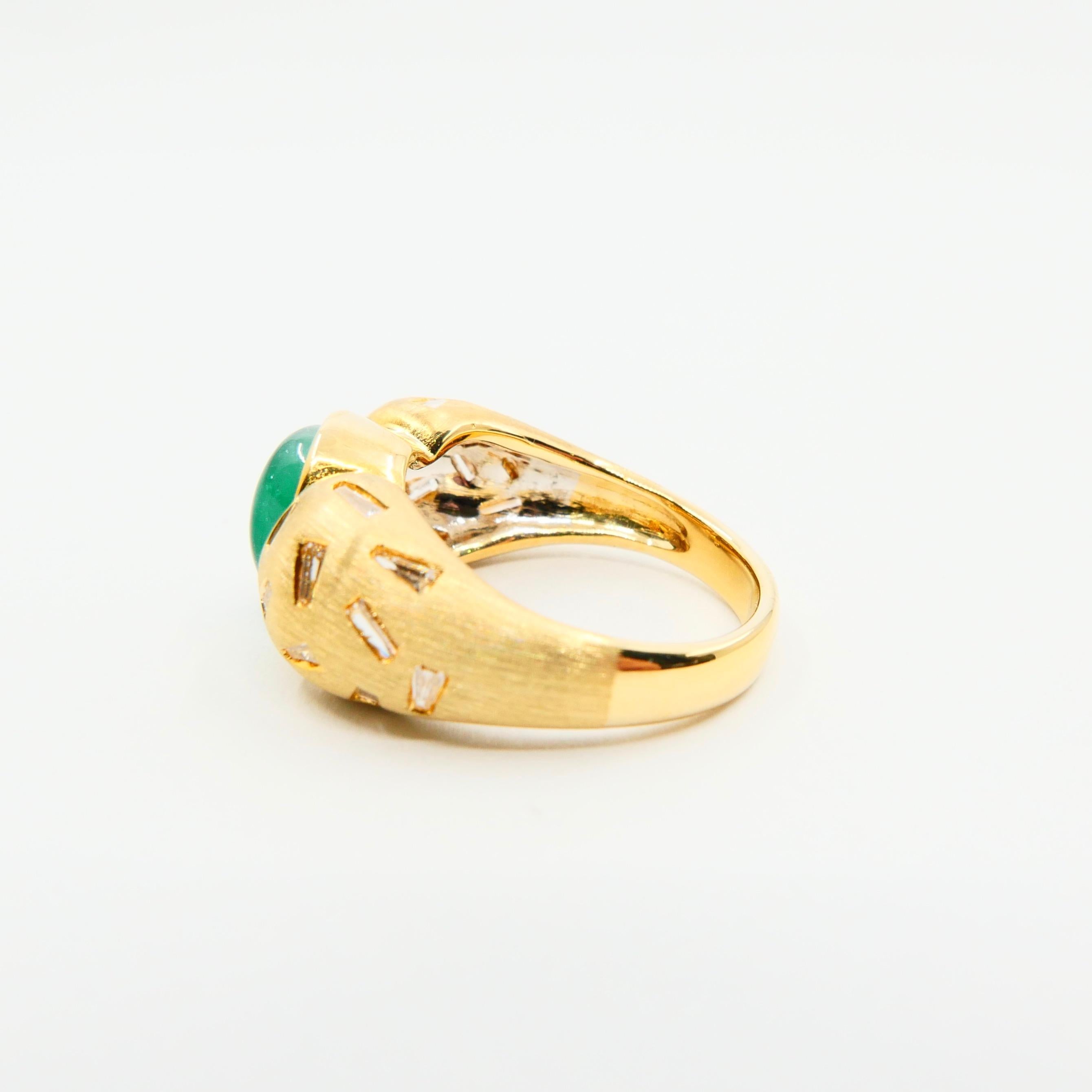 18 Karat Yellow Gold Emerald and Tapered Baguette Diamond Cocktail Ring In New Condition For Sale In Hong Kong, HK
