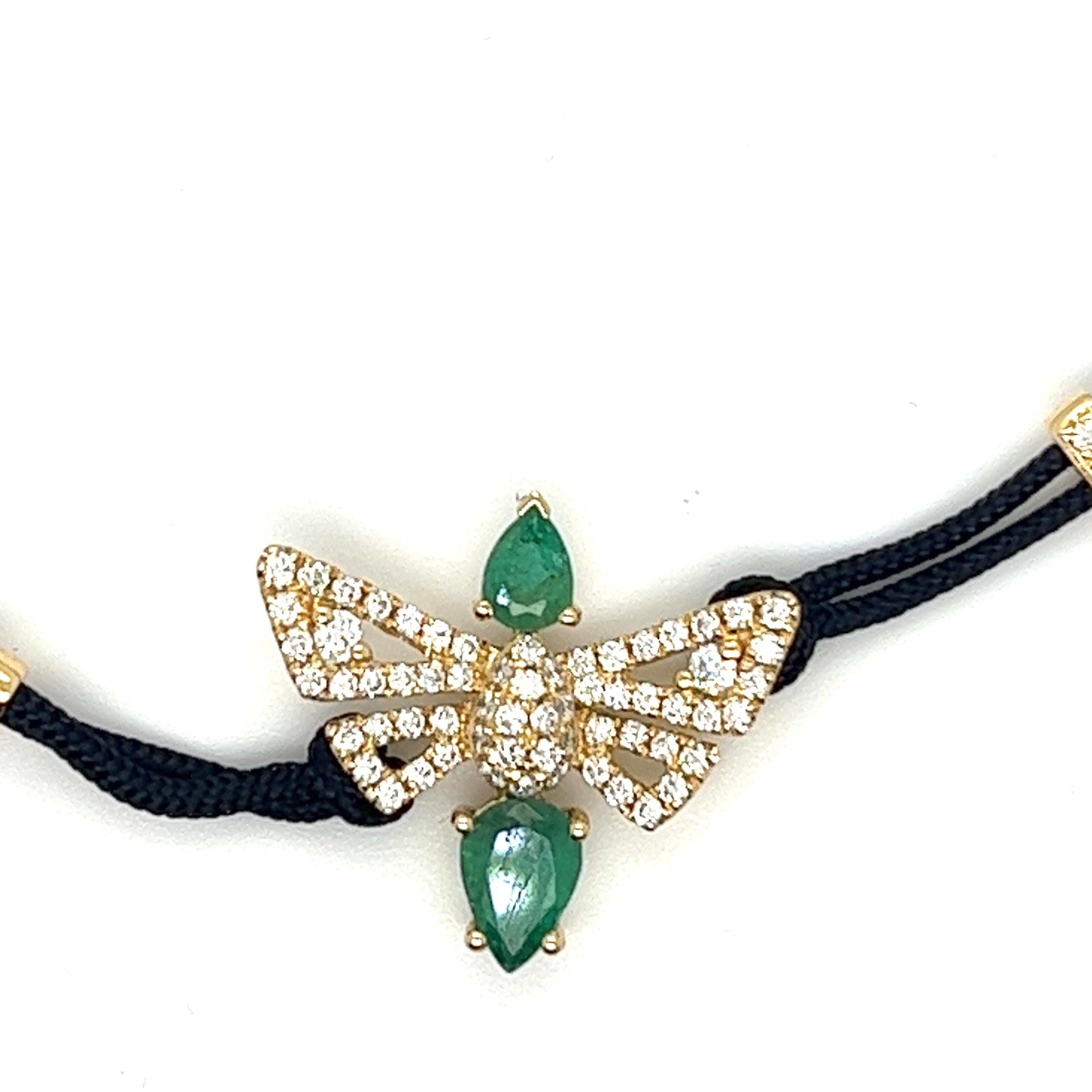 Modern 18K Yellow Gold Emerald Bee Woven Bracelet with Diamonds For Sale