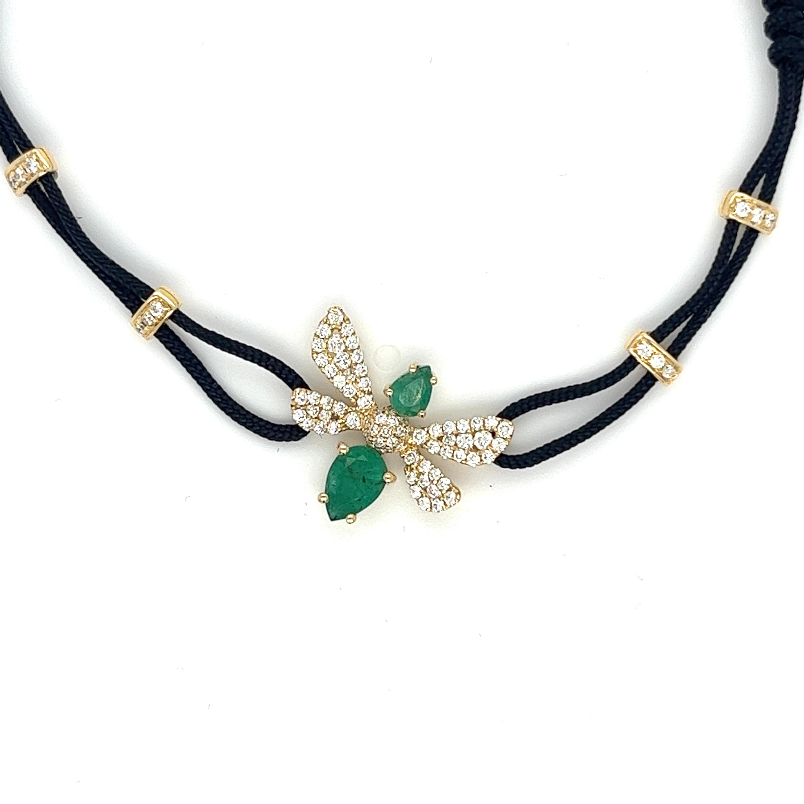 Pear Cut 18K Yellow Gold Emerald Bee Woven Bracelet with Diamonds For Sale
