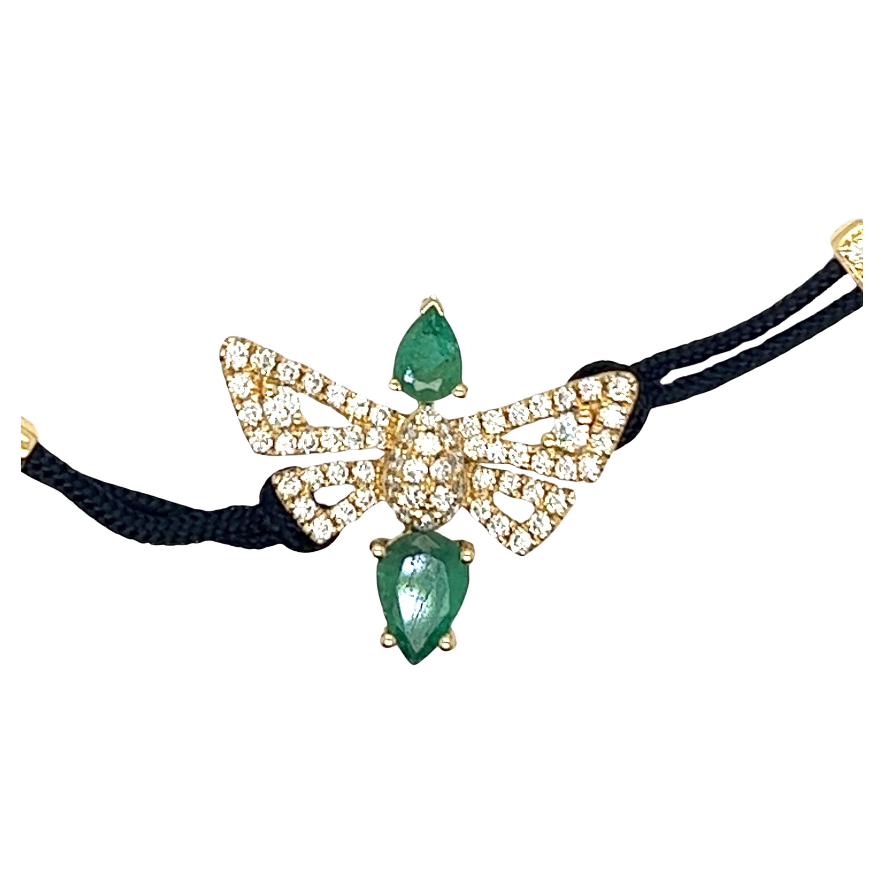 18K Yellow Gold Emerald Bee Woven Bracelet with Diamonds For Sale