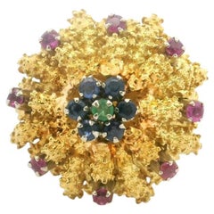 Bague cocktail à fleurs émeraude, saphir bleu et rose 18 carats taille 7