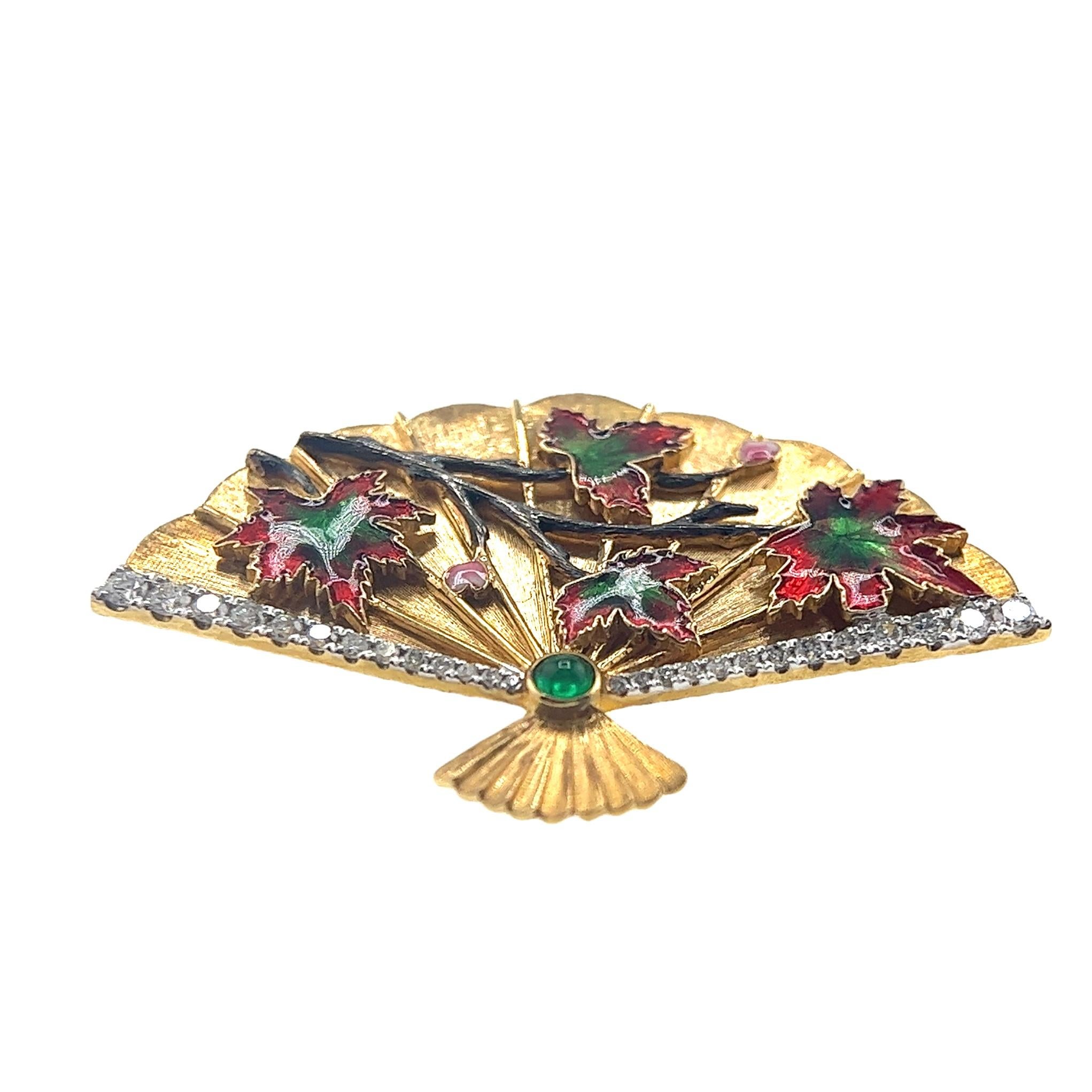 18 Karat Gelbgold Smaragd Chinesische Traditionelle emaillierte Fächer emaillierte Brosche Anhänger

1 Smaragd - 0,063 CT
26 Diamanten - 0,241 CT
18K Gelbgold - 5,87 GM
Emaille-Oberfläche - 0.15 CT

Brosche / Anhänger
Hochgradig anpassbar

Dieser