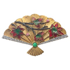 18K Yellow Gold Emerald Chinese Traditional Fan Enameled Brooch Pendant
