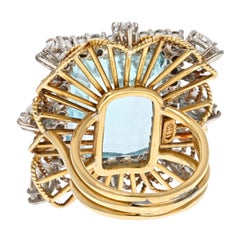 18K Yellow Gold Emerald Cut Aquamarine And Diamond Halo Ring