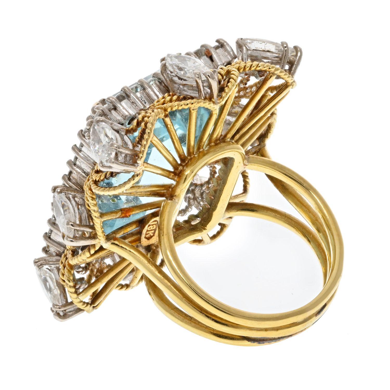 Women's 18K Yellow Gold Emerald Cut Aquamarine And Diamond Halo Ring For Sale
