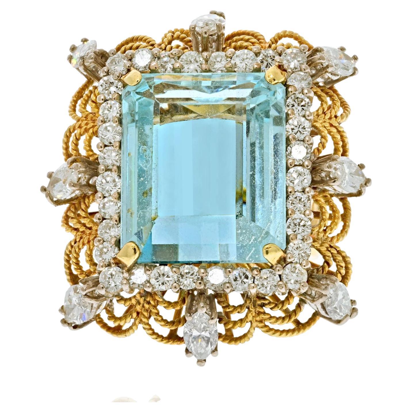 18K Yellow Gold Emerald Cut Aquamarine And Diamond Halo Ring For Sale
