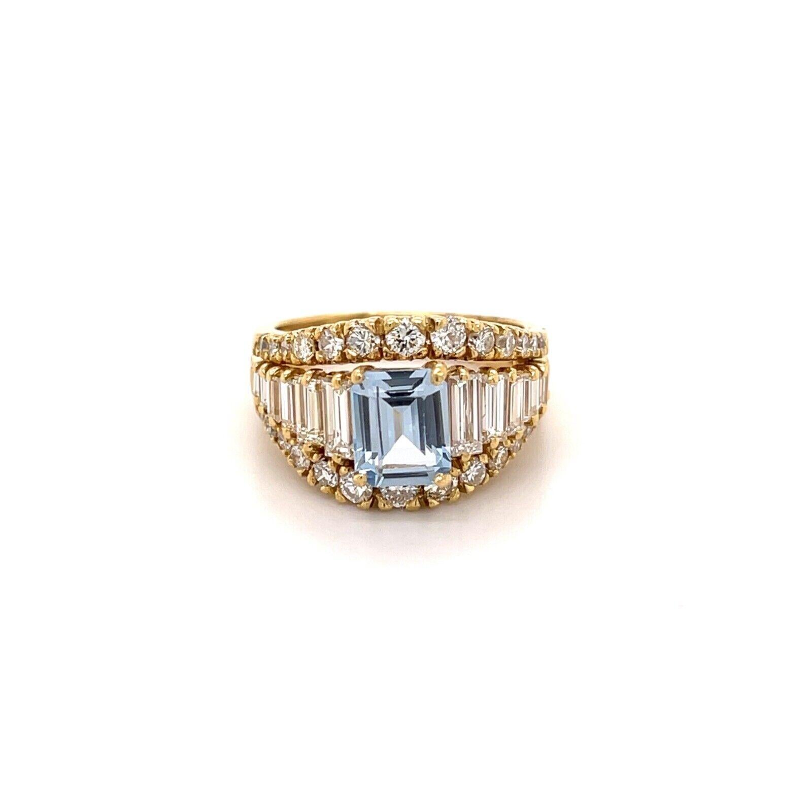 18k Yellow Gold Emerald Cut Aquamarine W/ Baguette & Round Diamond Ring Size 8 4