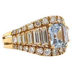 18k Yellow Gold Emerald Cut Aquamarine W/ Baguette & Round Diamond Ring Size 8