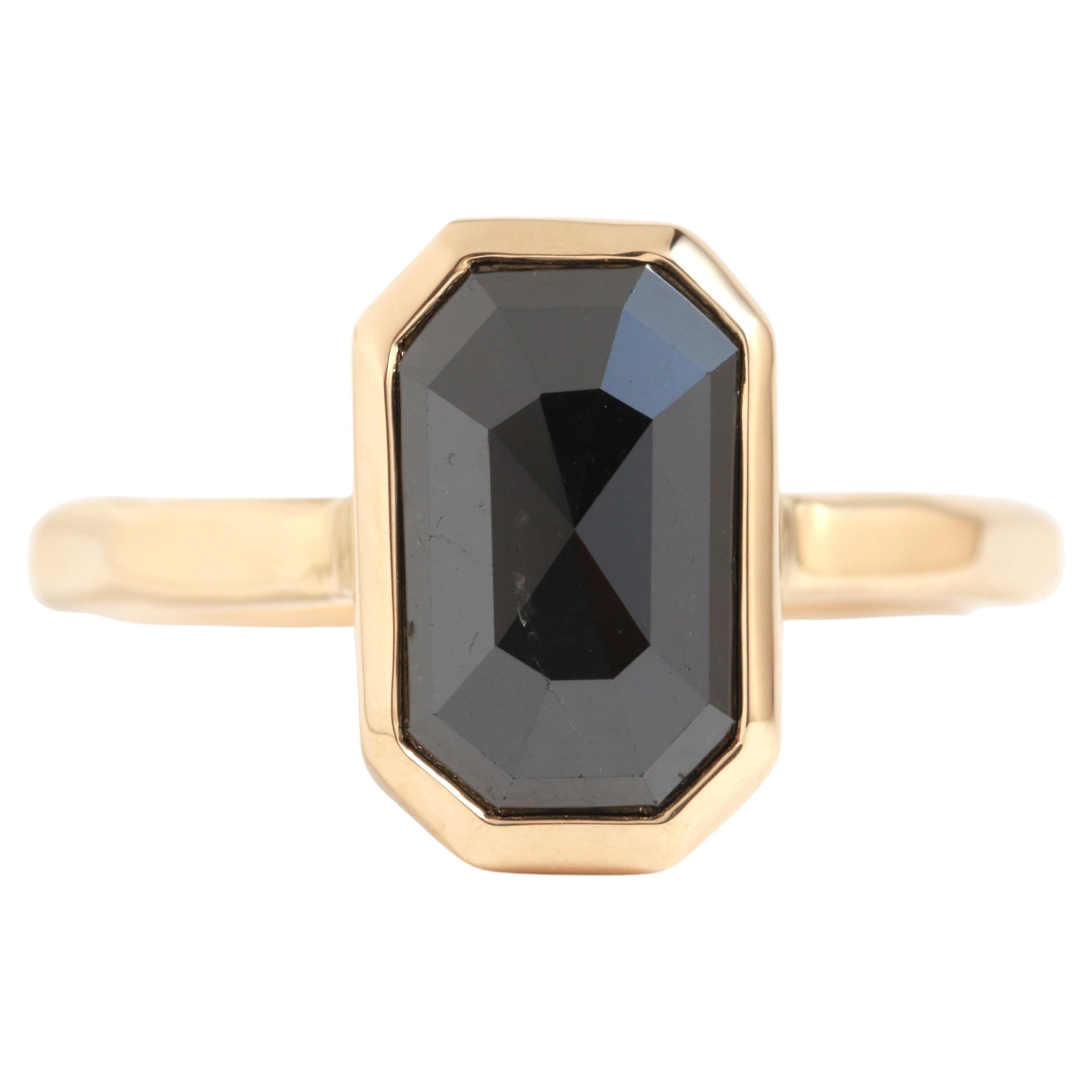 18k Yellow Gold Emerald Cut Black Diamond Ring For Sale