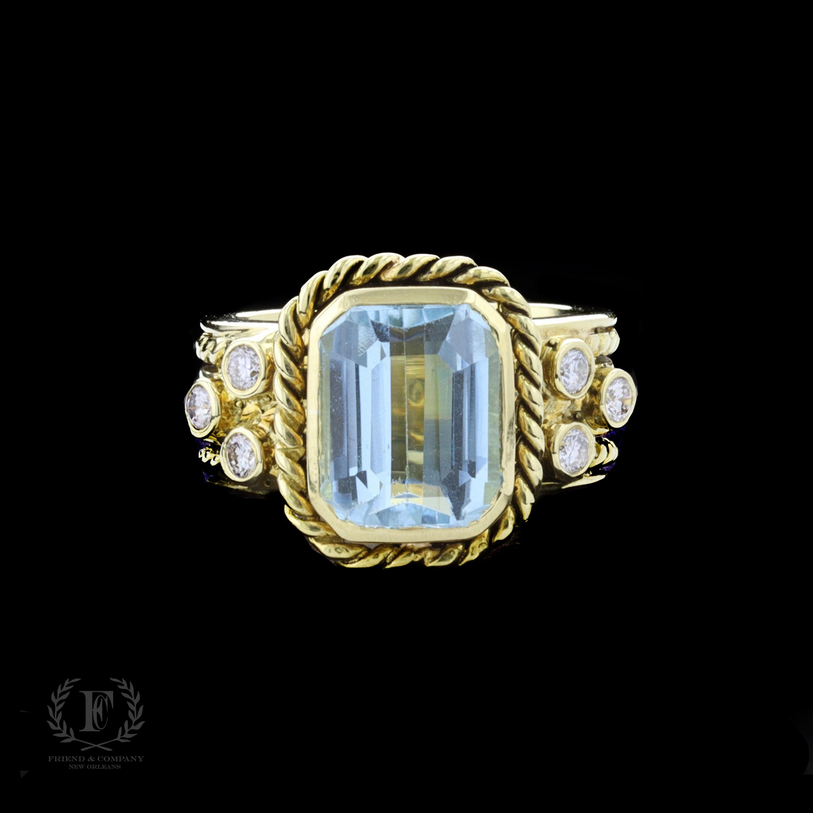 Add a treasure to your jewelry collection with this incredibly unique 18 karat yellow gold blue topaz and diamond ring. In the center of the ring is one emerald cut blue topaz and six round cut diamonds 0.25 carats total. The ring is sized to a 4.