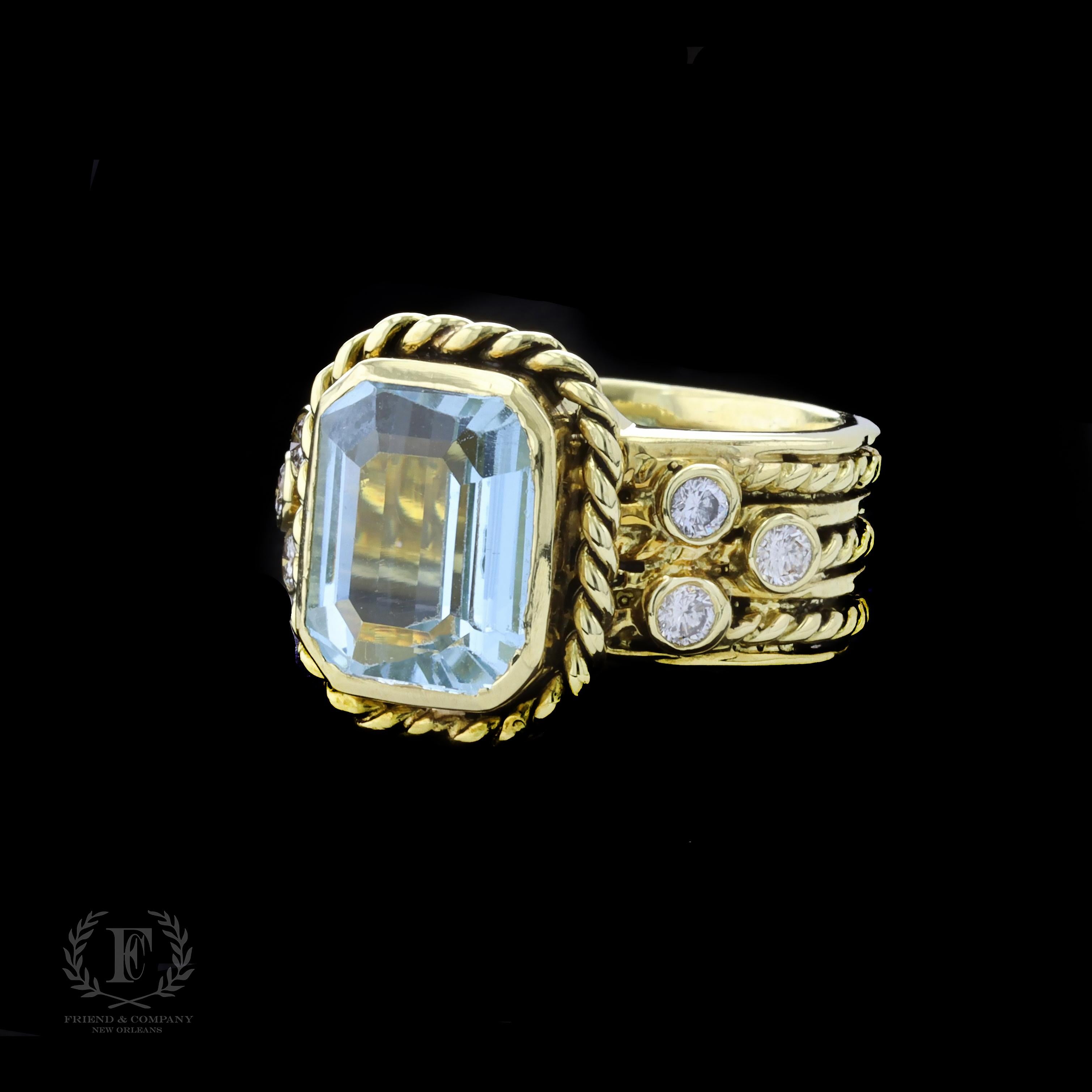 Retro 18k Yellow Gold Emerald Cut Blue Topaz and Diamond Ring For Sale