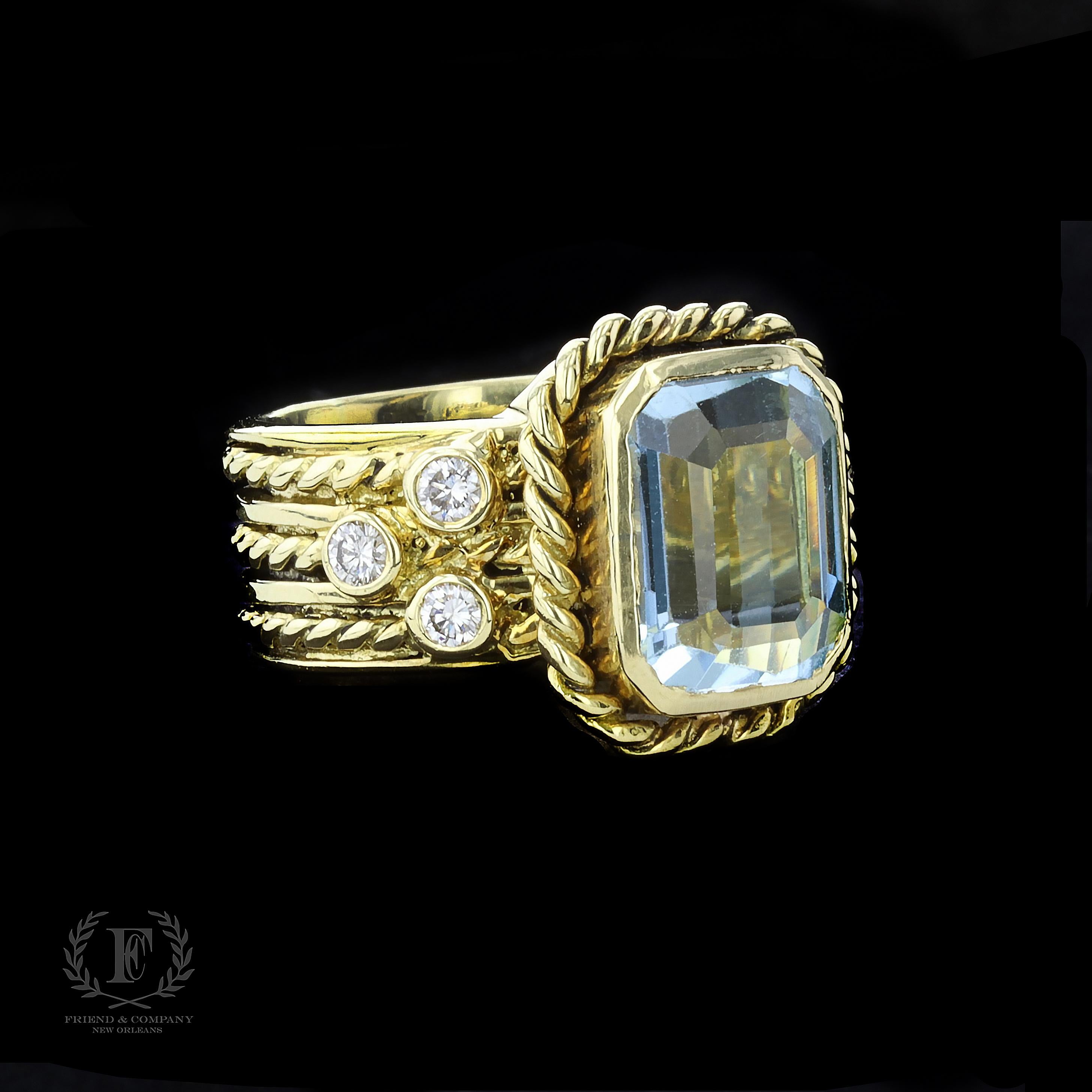 18k Yellow Gold Emerald Cut Blue Topaz and Diamond Ring In Excellent Condition For Sale In NEW ORLEANS, LA