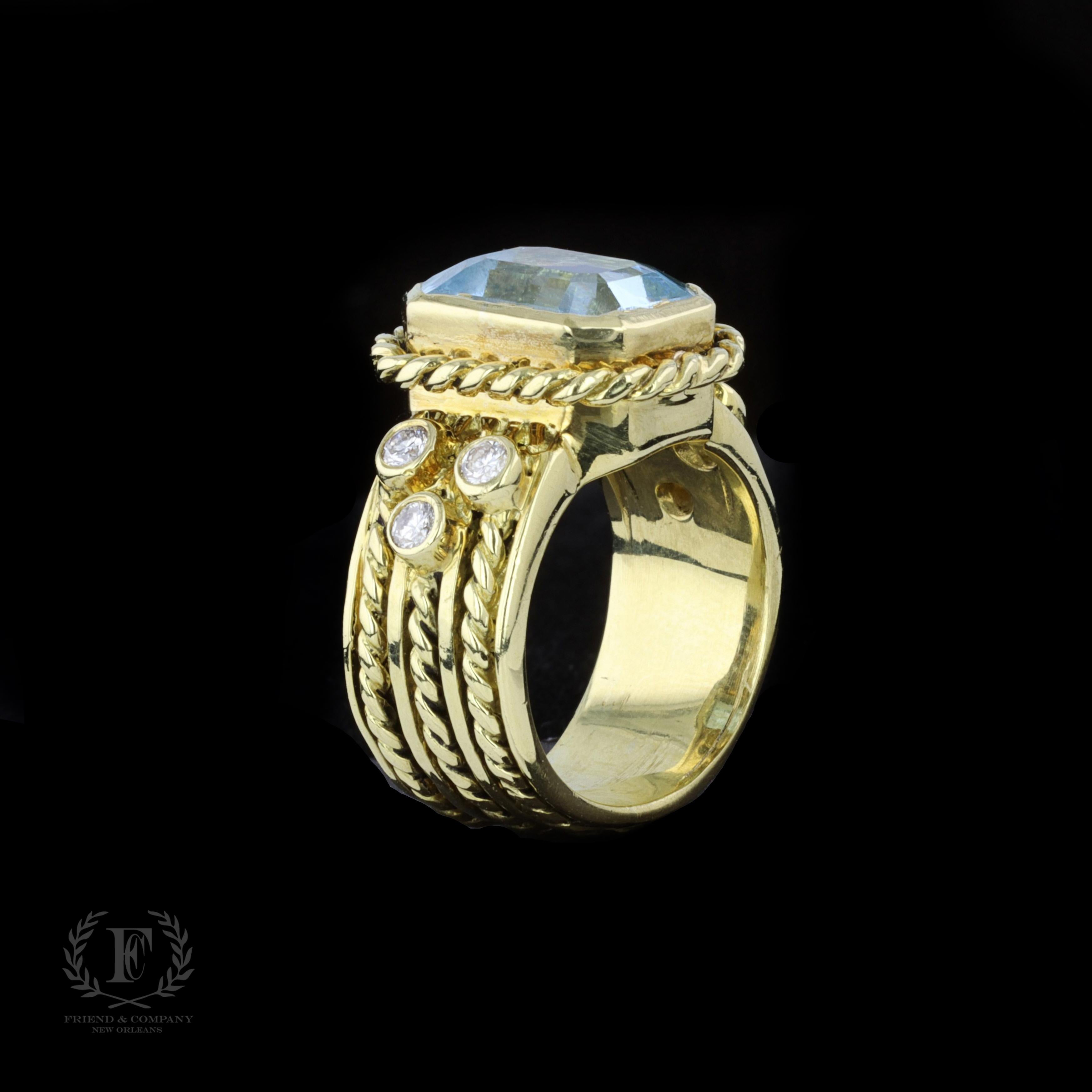 Women's 18k Yellow Gold Emerald Cut Blue Topaz and Diamond Ring For Sale
