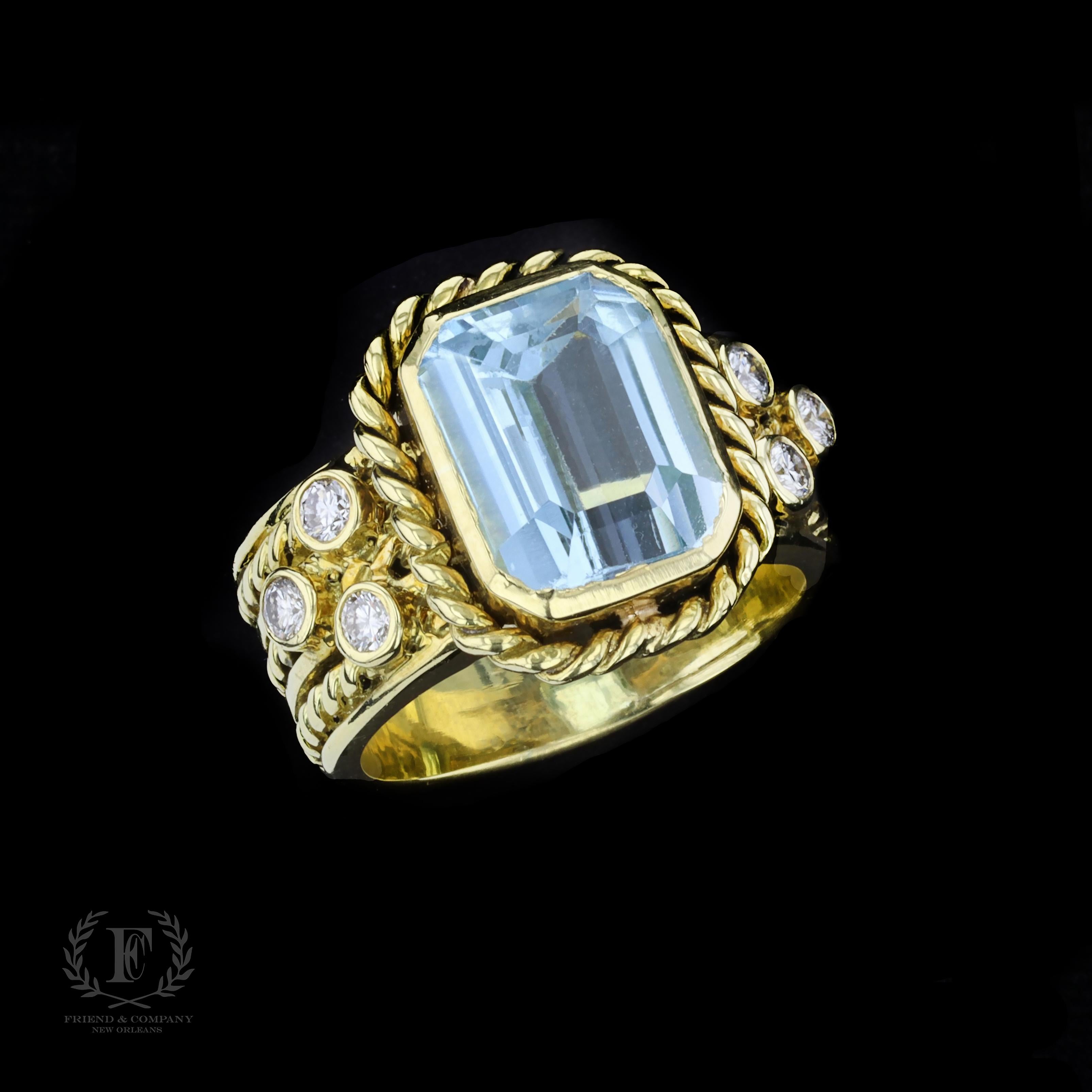18k Yellow Gold Emerald Cut Blue Topaz and Diamond Ring For Sale 1