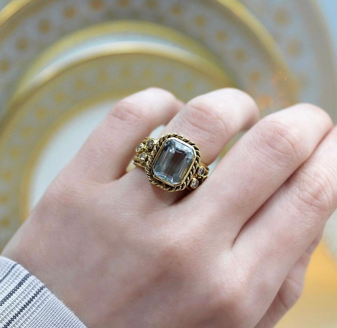 18k Yellow Gold Emerald Cut Blue Topaz and Diamond Ring For Sale 2