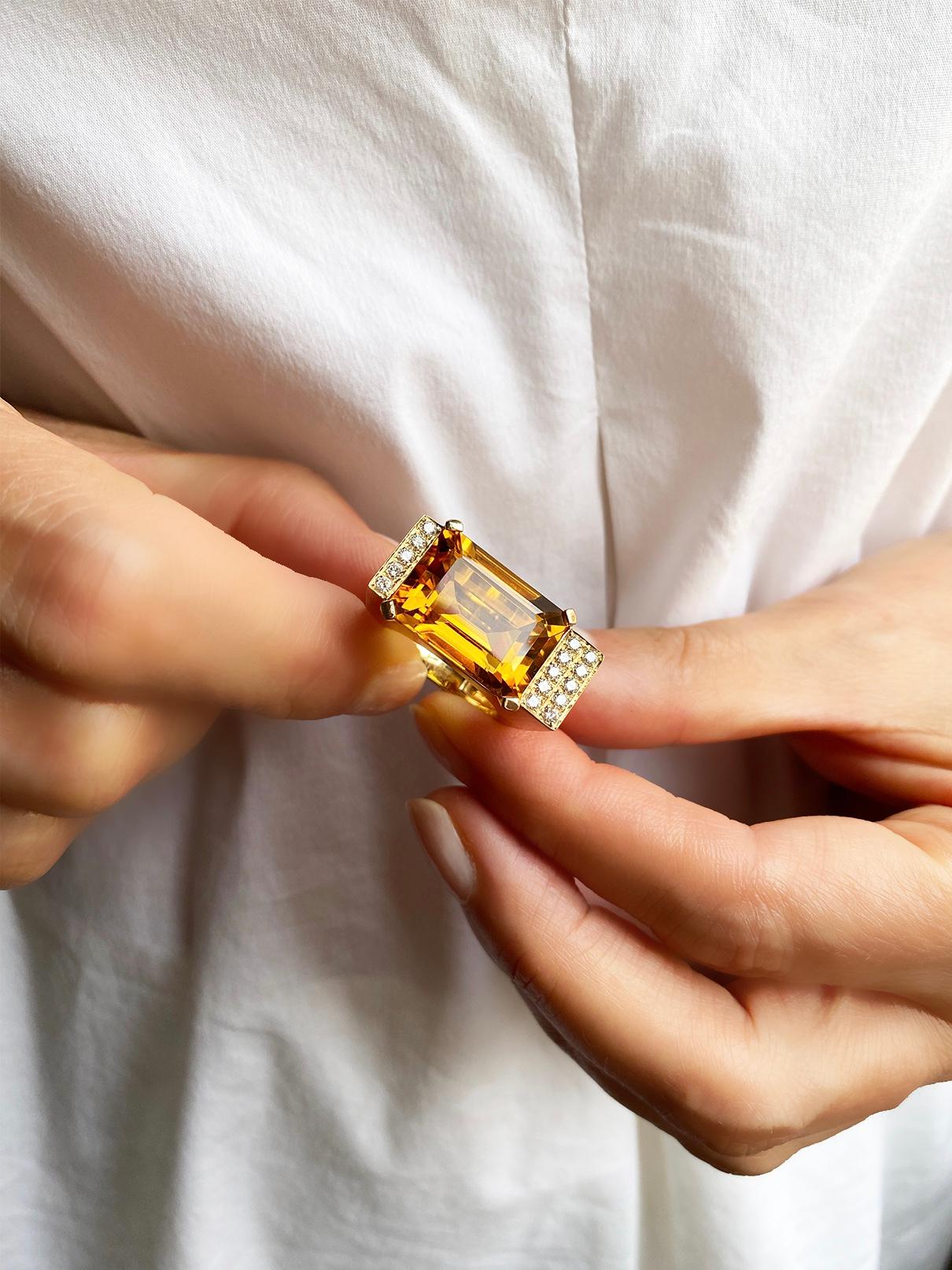 18K Yellow Gold Emerald Cut Citrine 0.30 White Diamonds Deco Style Cocktail Ring For Sale 6