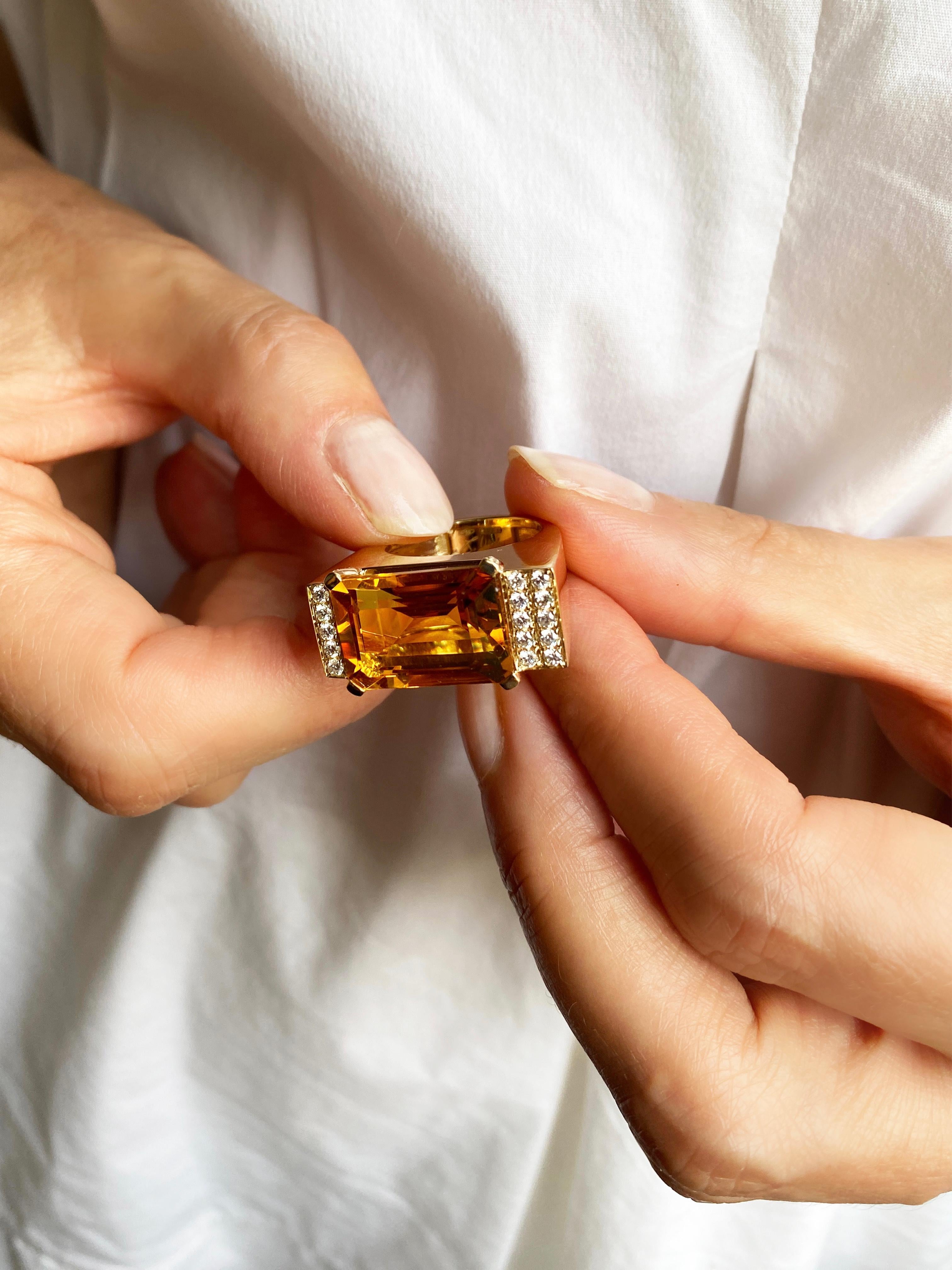 18K Yellow Gold Emerald Cut Citrine 0.30 White Diamonds Deco Style Cocktail Ring For Sale 8