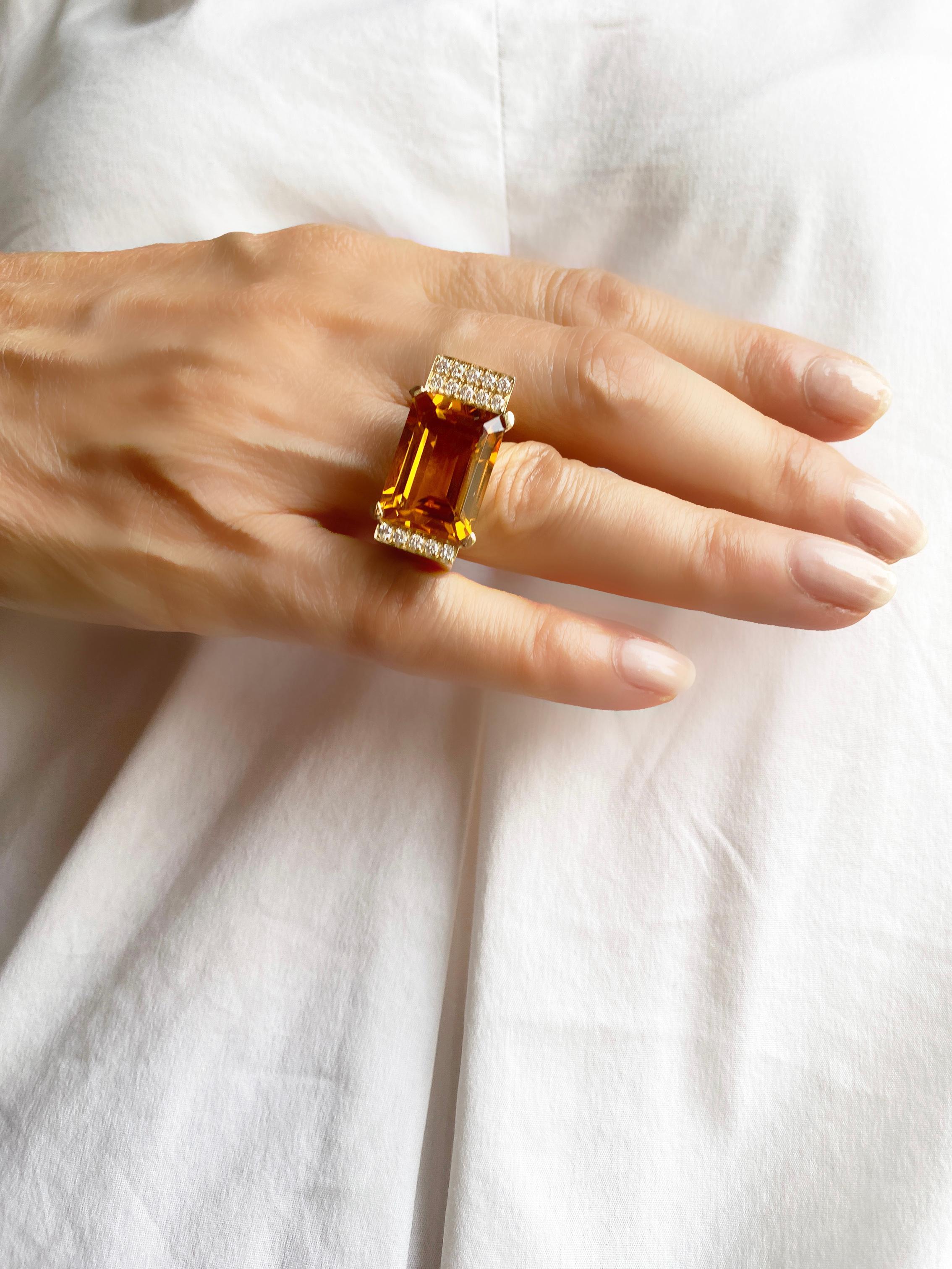 18K Yellow Gold Emerald Cut Citrine 0.30 White Diamonds Deco Style Cocktail Ring For Sale 10