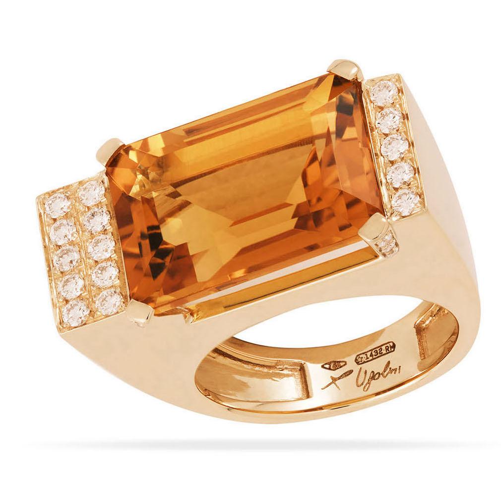 Brilliant Cut 18K Yellow Gold Emerald Cut Citrine 0.30 White Diamonds Deco Style Cocktail Ring For Sale