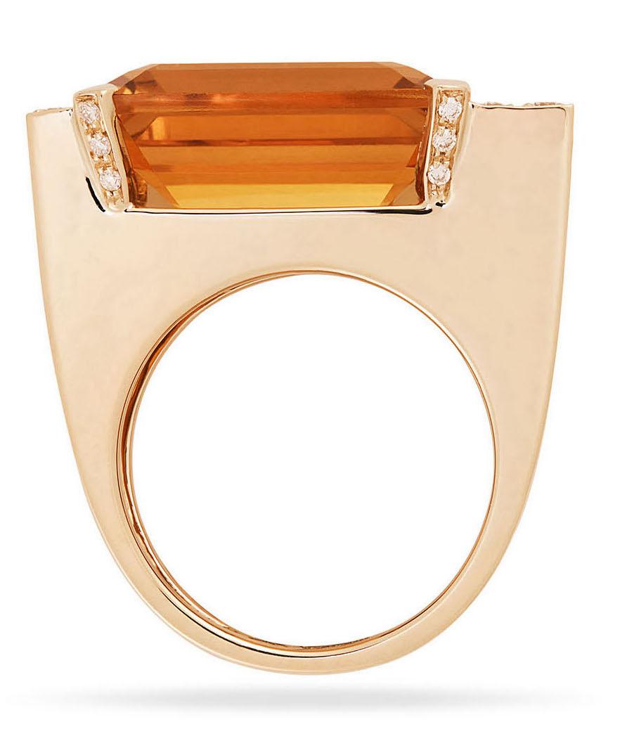 18K Yellow Gold Emerald Cut Citrine 0.30 White Diamonds Deco Style Cocktail Ring In New Condition For Sale In Rome, IT