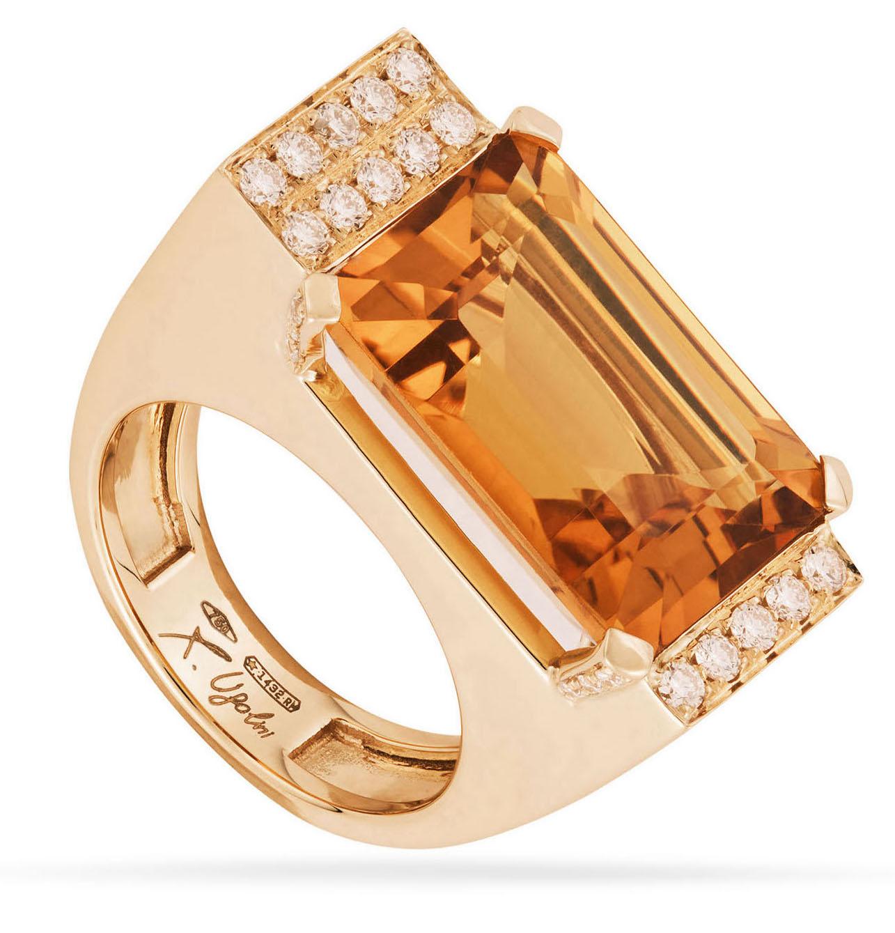 Women's 18K Yellow Gold Emerald Cut Citrine 0.30 White Diamonds Deco Style Cocktail Ring For Sale