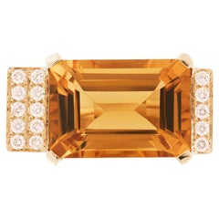 18K Yellow Gold Emerald Cut Citrine 0.30 White Diamonds Deco Style Cocktail Ring