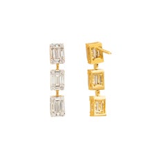 18K Yellow Gold Emerald Cut & Round Brilliant Diamond Linear Drop Dangle Earring