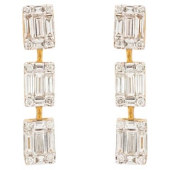 18K Yellow Gold Emerald Cut & Round Brilliant Diamond Linear Drop Dangle Earring