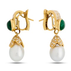 18K Yellow Gold Emerald, Diamond and Detachable Pearl Dangle Earrings