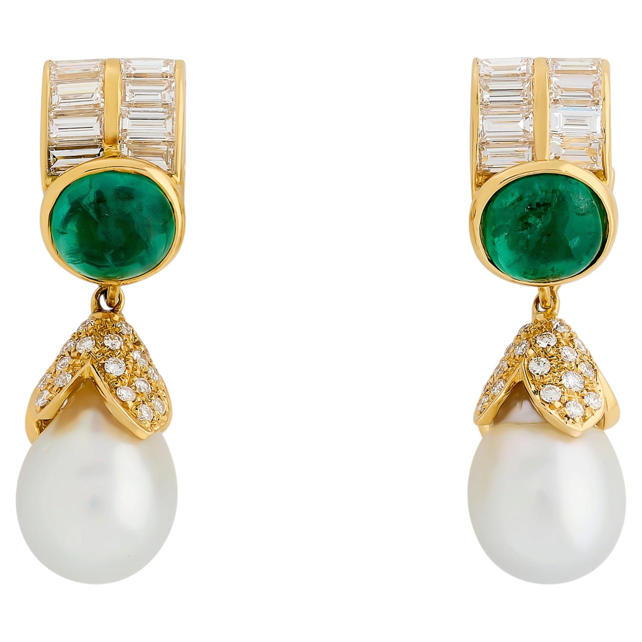 18K Yellow Gold Emerald, Diamond and Detachable Pearl Dangle Earrings