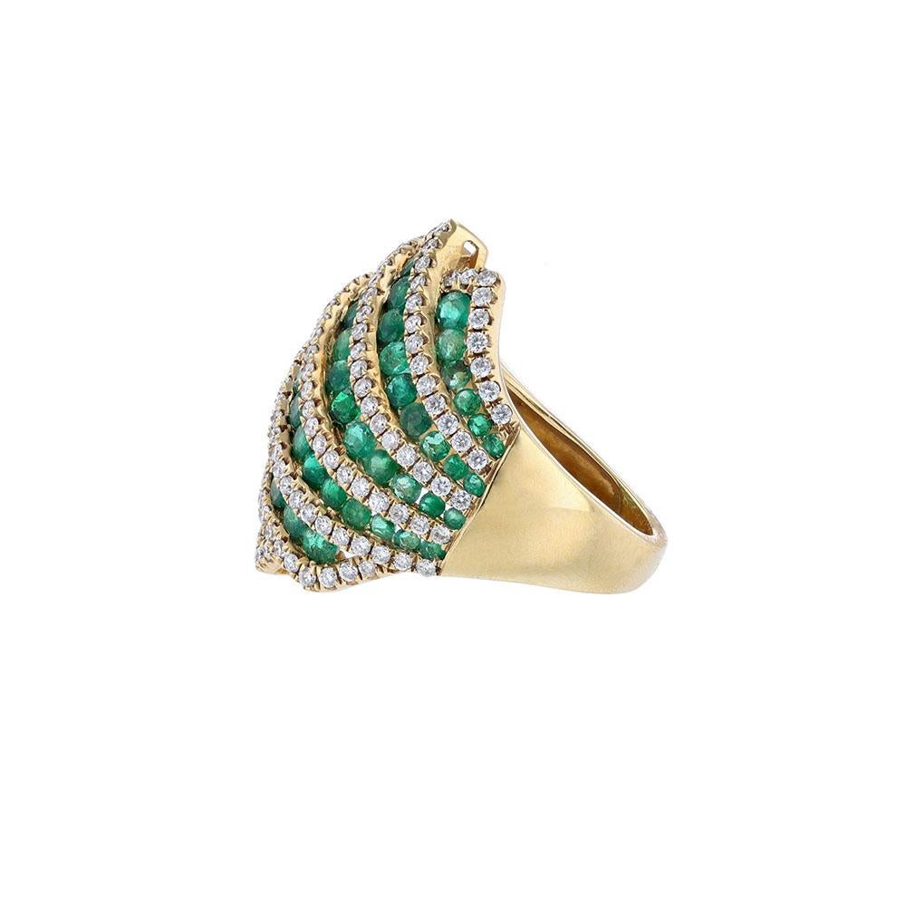 Contemporary 18K Yellow Gold Emerald Diamond Domed Cocktail Ring For Sale