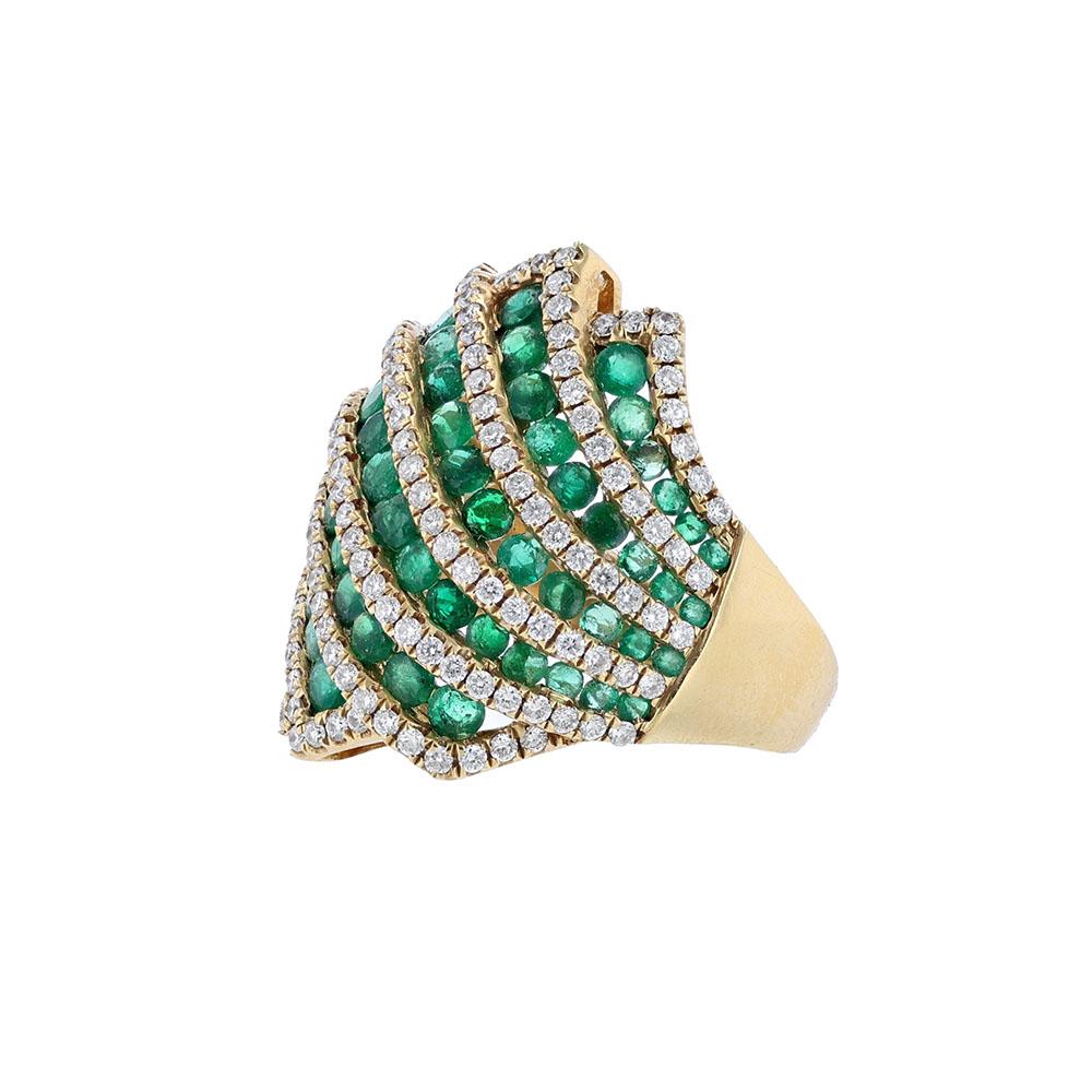 Round Cut 18K Yellow Gold Emerald Diamond Domed Cocktail Ring For Sale