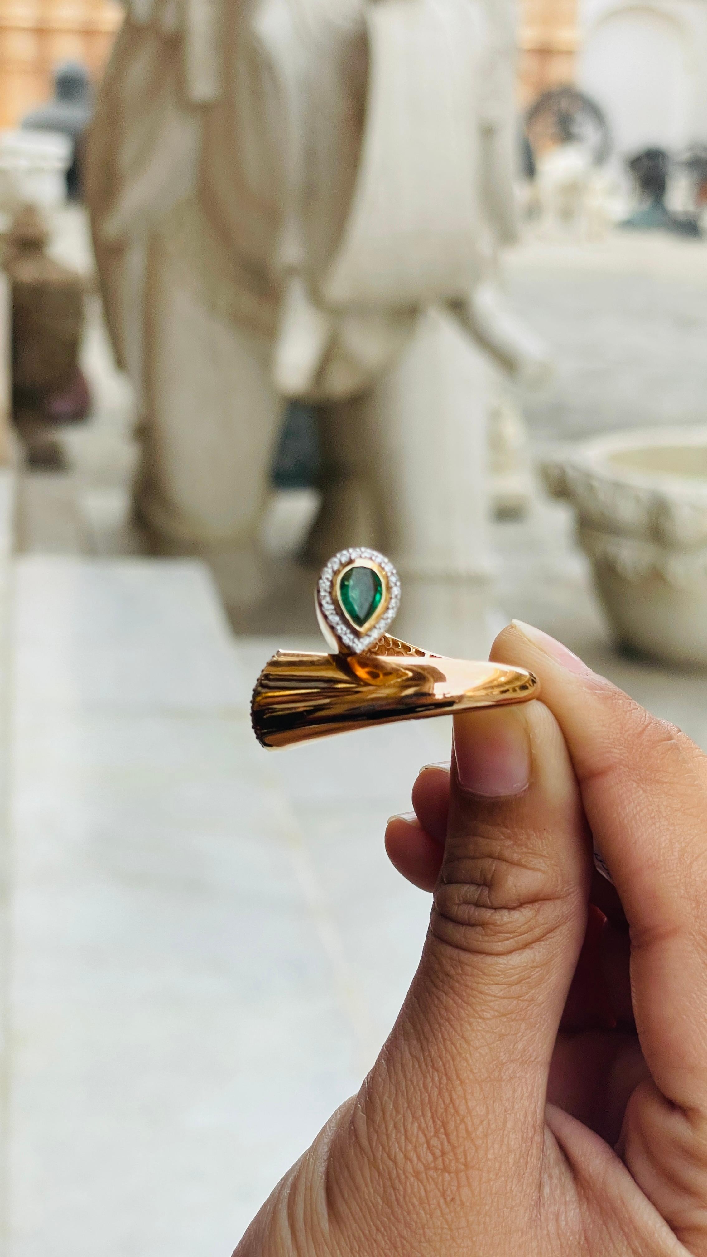 For Sale:  Unique 18k Solid Yellow Gold Emerald and Diamond Bypass Ring 10