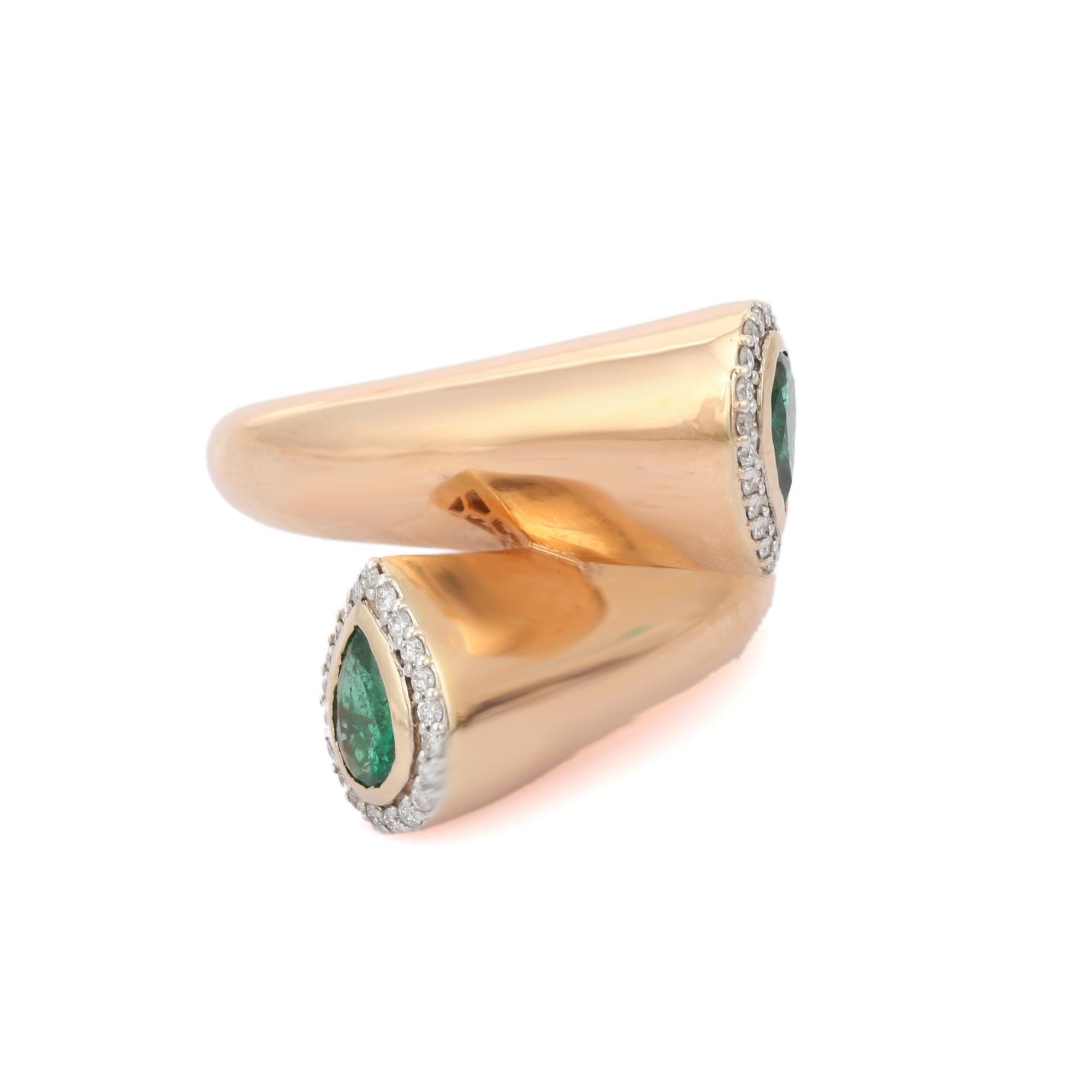 For Sale:  Unique 18k Solid Yellow Gold Emerald and Diamond Bypass Ring 2