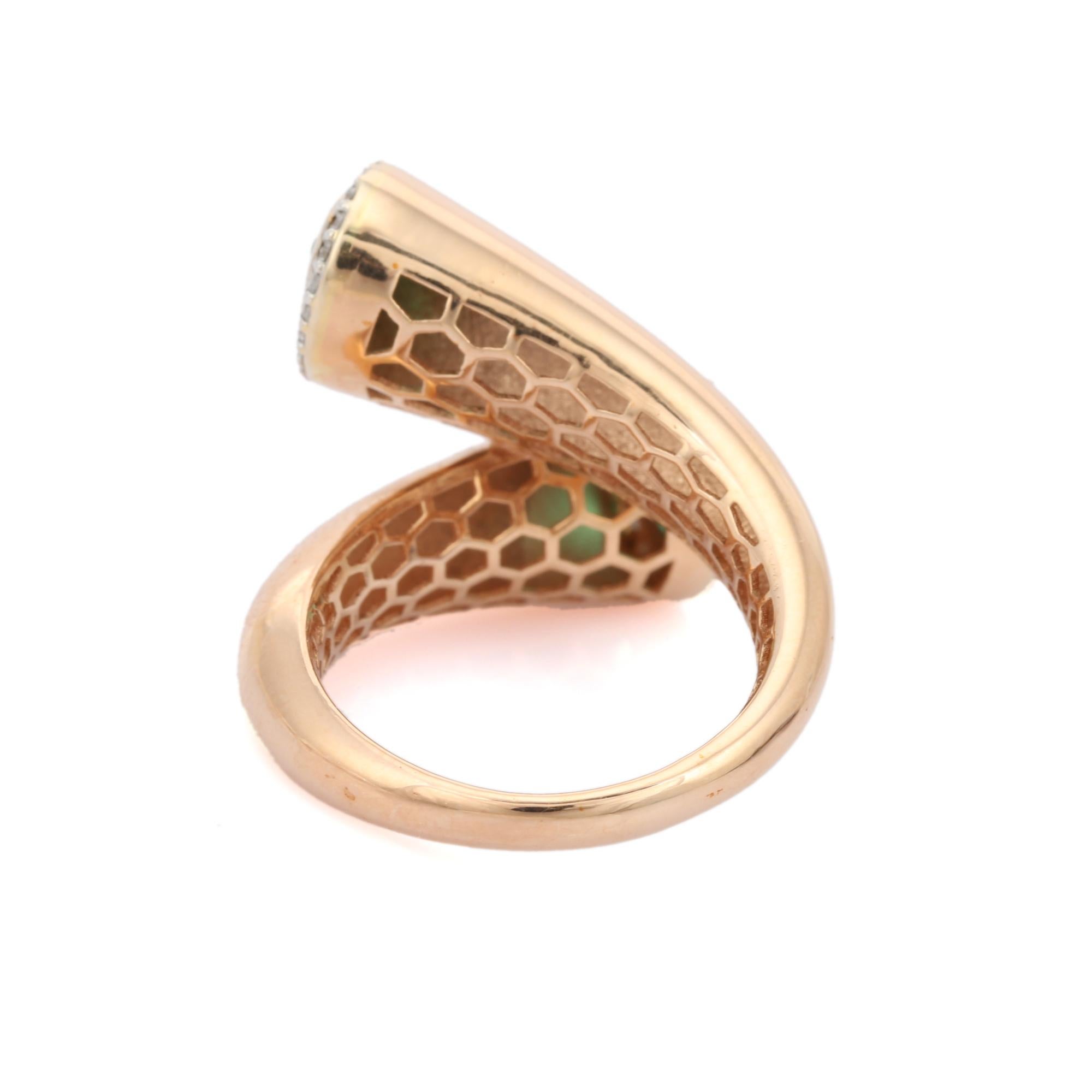 For Sale:  Unique 18k Solid Yellow Gold Emerald and Diamond Bypass Ring 3