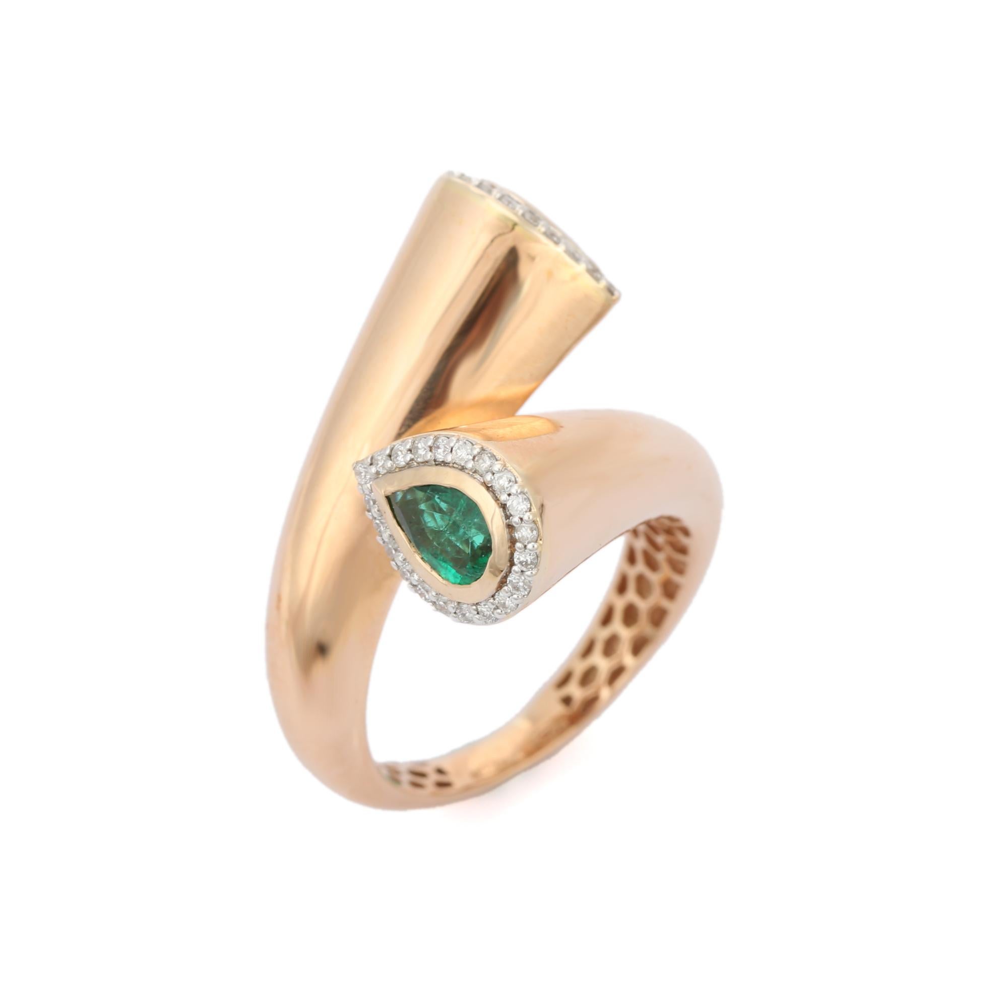 For Sale:  Unique 18k Solid Yellow Gold Emerald and Diamond Bypass Ring 4