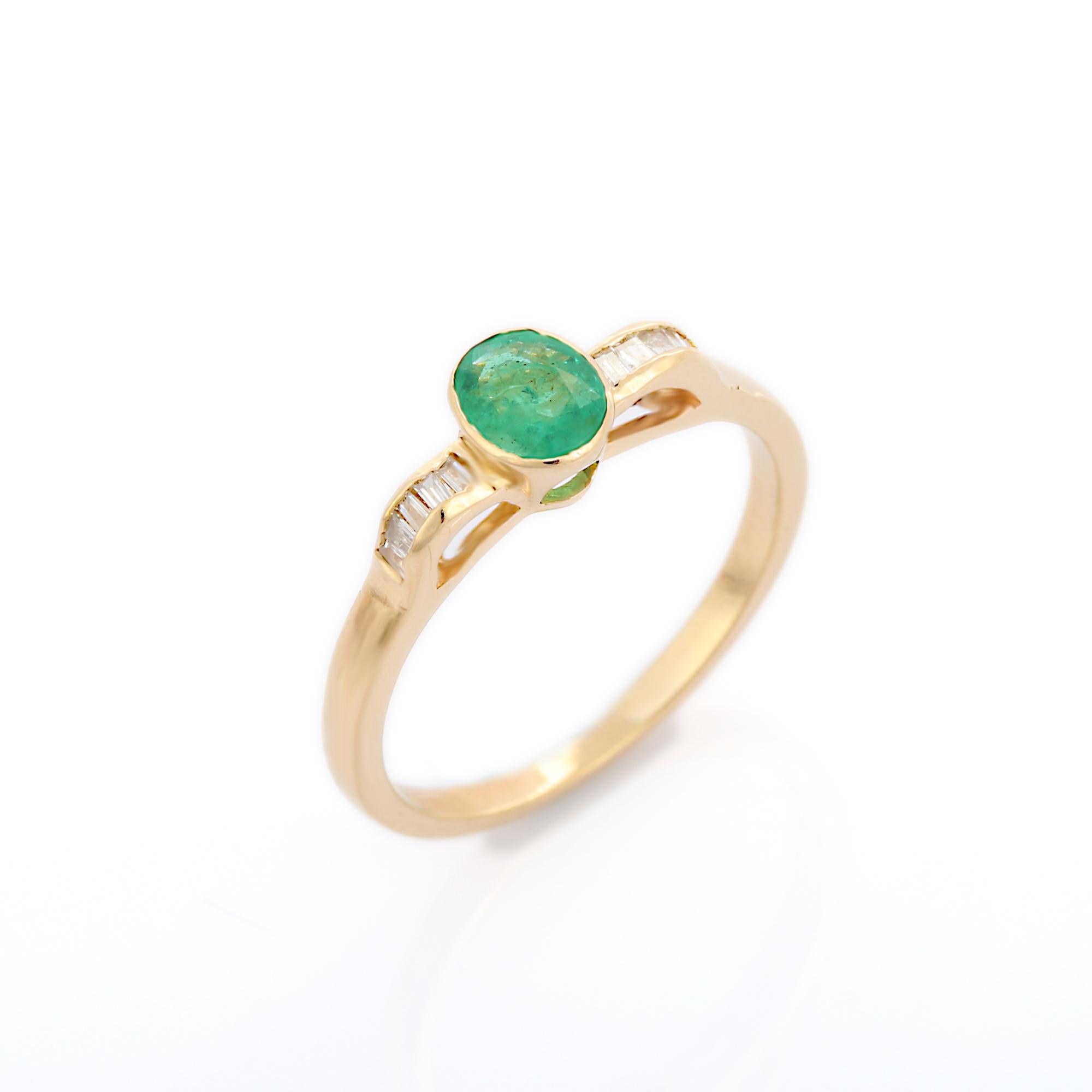 For Sale:  Minimalist 18k Solid Yellow Gold Emerald Diamond Ring 5