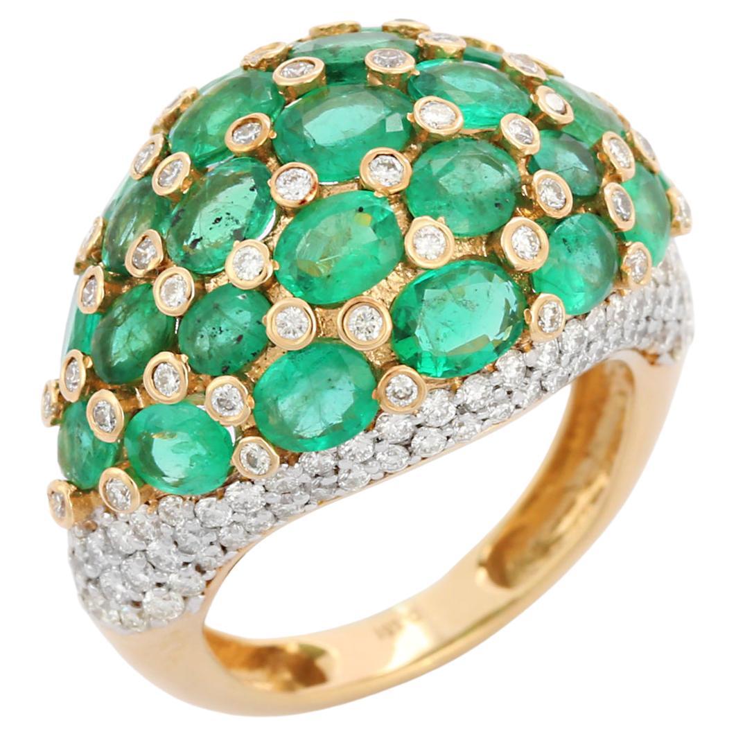 18k Solid Yellow Gold Emerald Diamond Cocktail Ring, Statement Emerald Ring