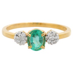 Vintage 18k Solid Yellow Gold Natural Emerald Diamond Cluster Ring