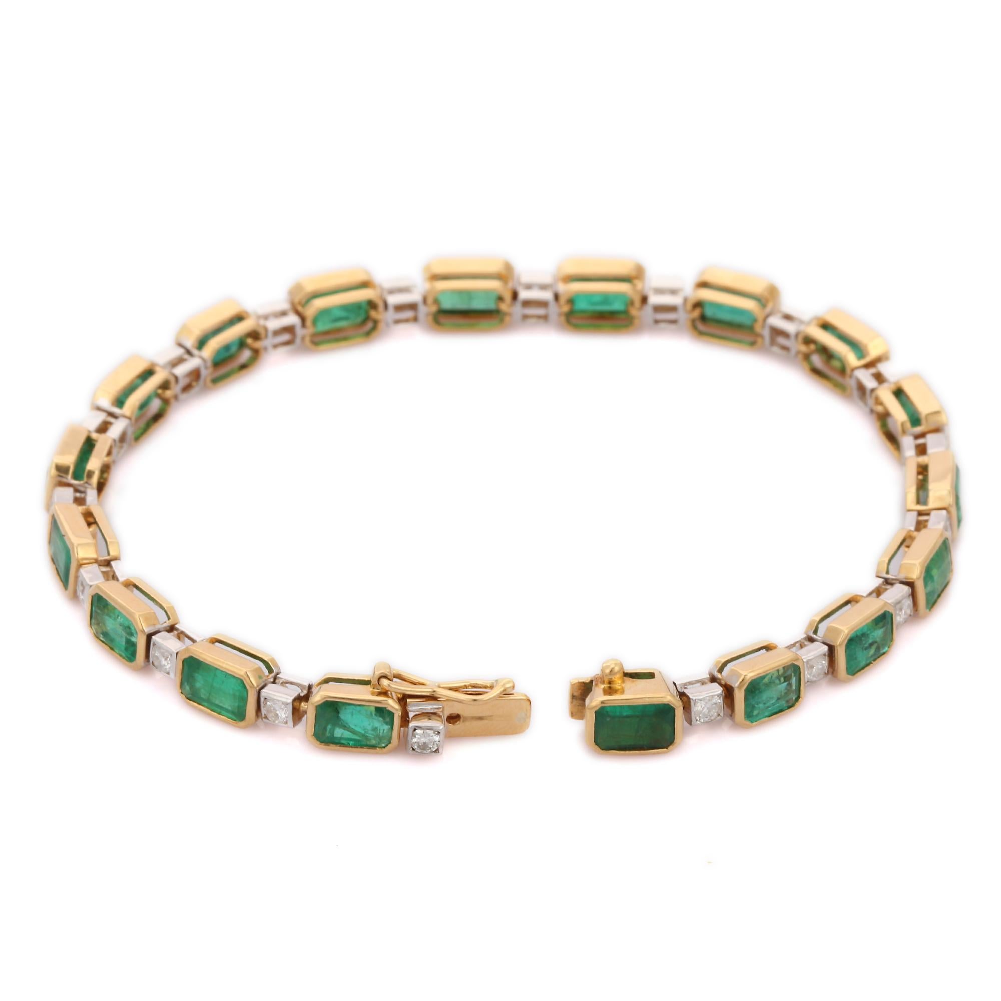Octagon Cut 18kt Solid Yellow Gold 10.25 CTW Genuine Emerald Diamond Tennis Bracelet For Sale