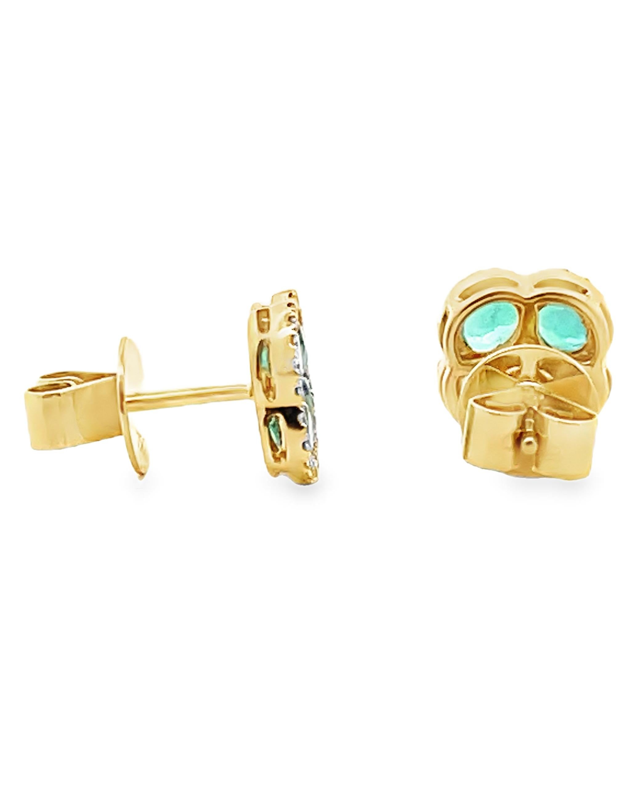 Mixed Cut 18K Yellow Gold Emerald & Diamonds Quatrefoil Earrings