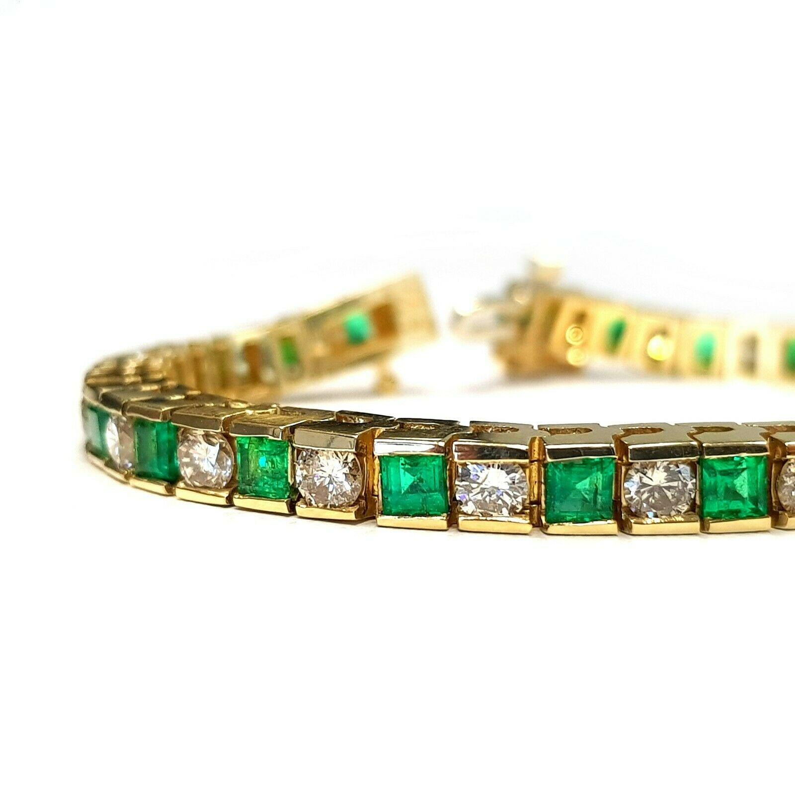 This is very beautiful 14k yellow gold custom made bracelet with very clean princess cut emeralds and round diamonds.  the bracelet is 6.5 inches long.
Specifications: 
•	main stone: EMERALD  6 ct/ 24 PCS 
•	additional: DIAMONDS 
•	diamonds: 24 PCS