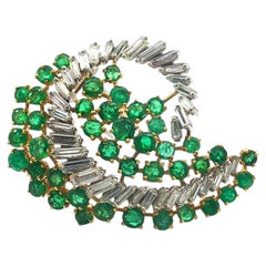 18K Yellow Gold Emerald Emerald & Baguette Diamond Swirl Brooch